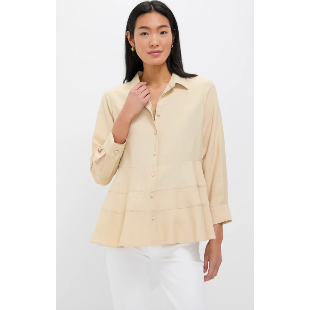 Pomander Place Tuckernuck Ashlen Top Womens Small Tan Preppy Peplum Quiet Luxury